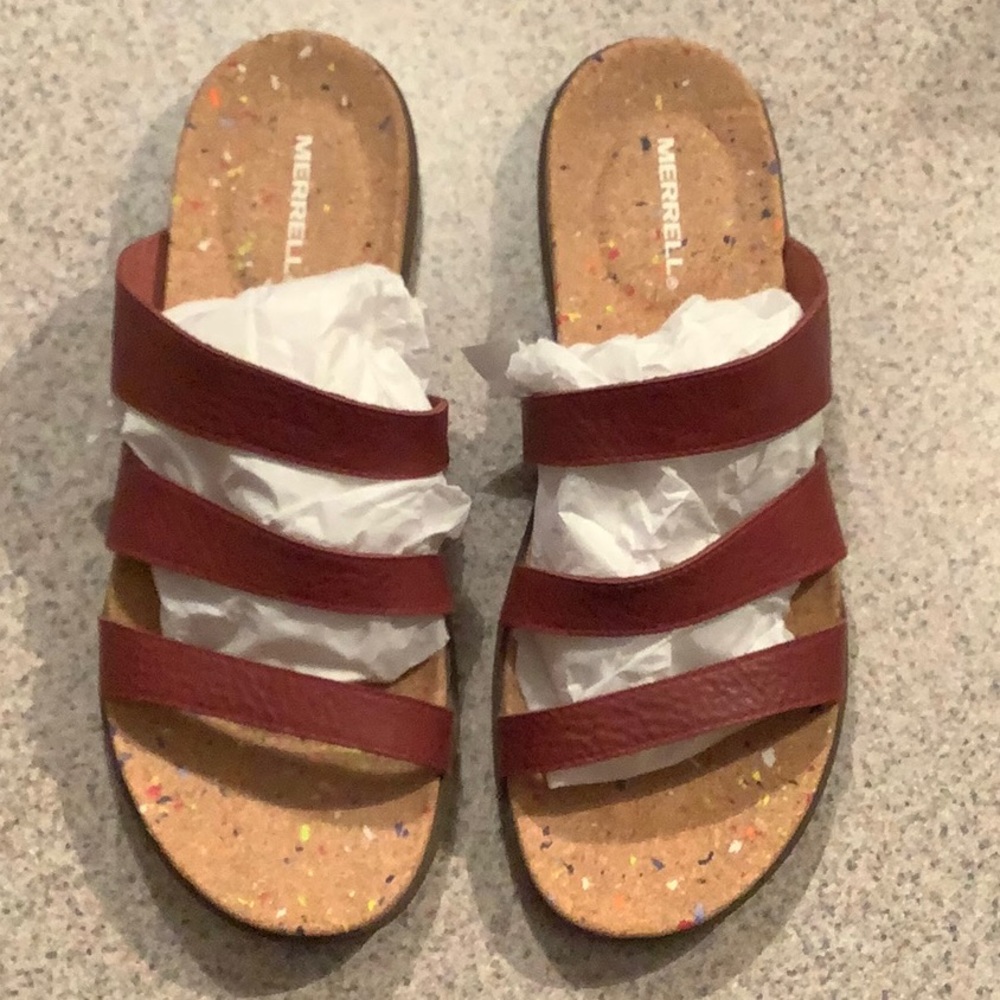 Merrell Napa Valley Slide, Merlot leather straps, cork innersole, like new